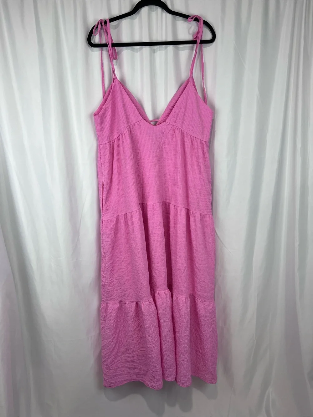 Lulu's Let the Sun Beam Pink Tie-Straps Tiered Midi Dress With Pockets - Picture 11 of 13